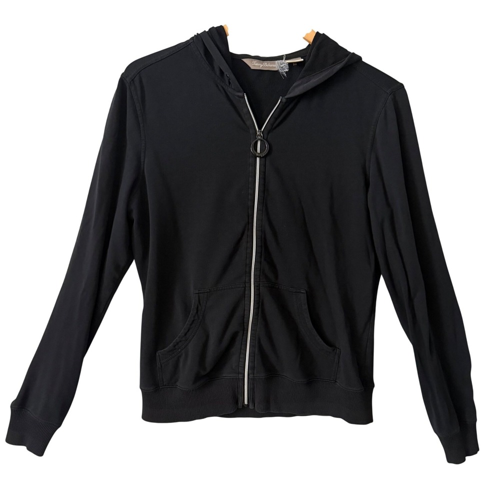 Tommy Bahama TB Spa Sz Med Black Pima Cotton Full Zip Eyelet Hooded Sweatshirt